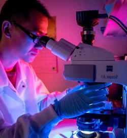 student in water testing lab using microscope